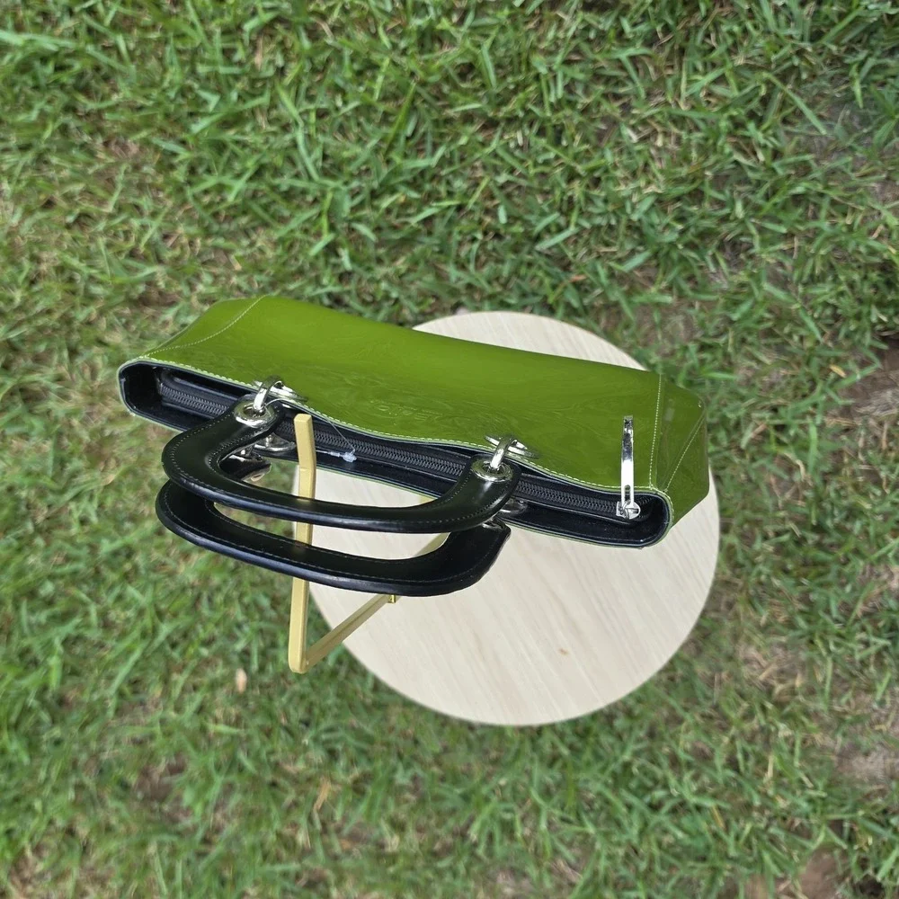 Beijo Lime Green Patent Leather Satchel Bag Black Handles Silver Hardware